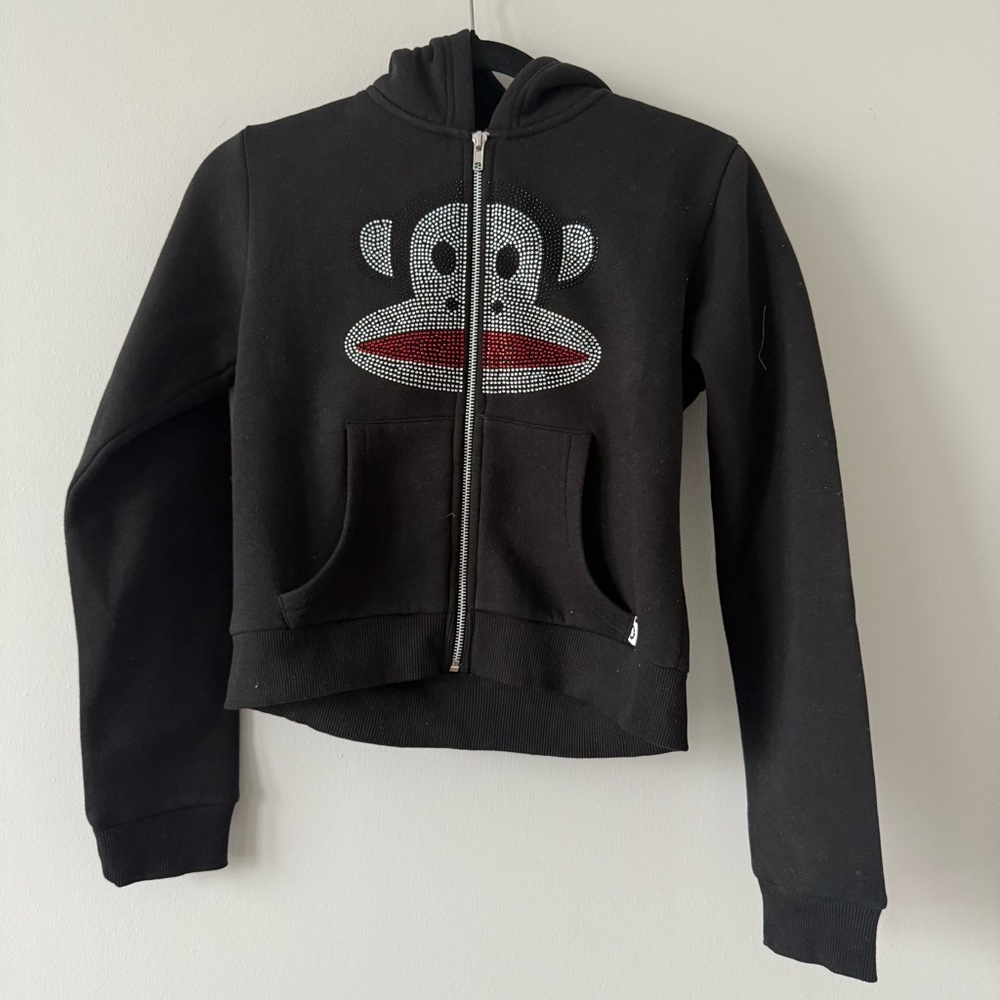 Paul Frank Black Daisy Street zip-up hoodie with silver monkey design #kidcore